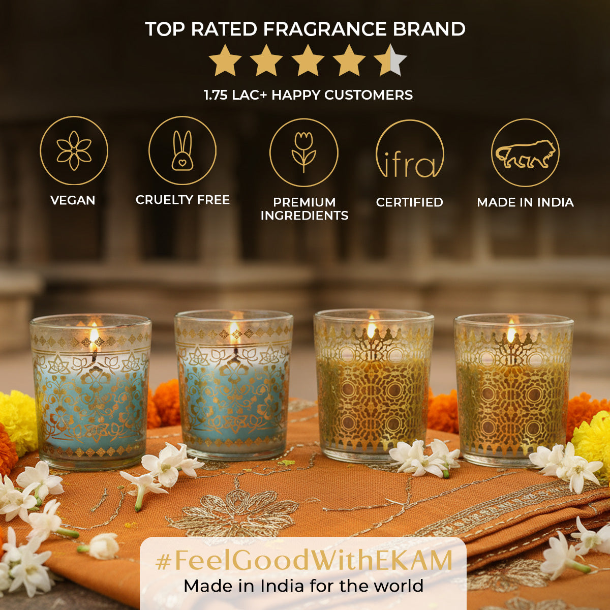 Pack of 4 Scented Votive Candles| Mogra, Temple Bloom| Festive Stone Palace Collection, 2025-26