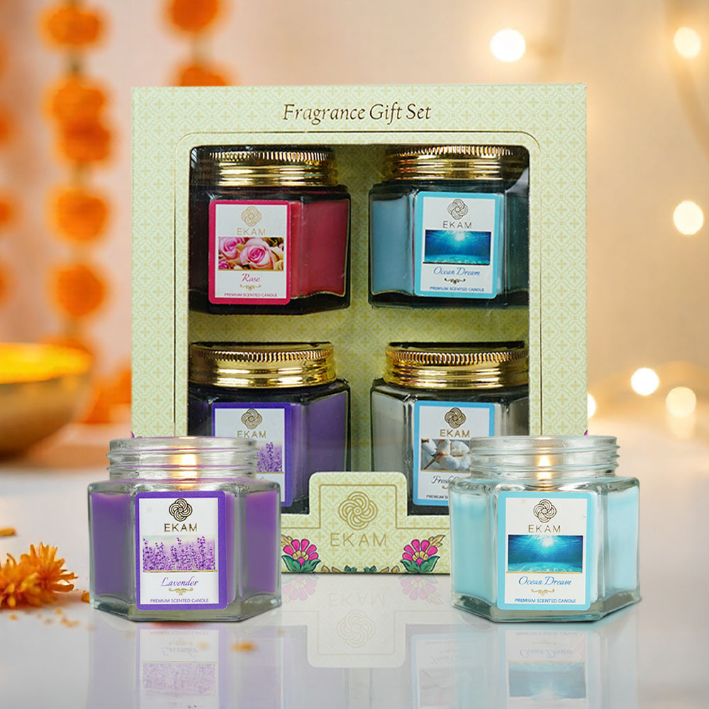 Pack of 4 Scented Hexa Jar Candles| Fresh Cotton, Ocean Dream, Lavender, and Rose| Festive Gift Box