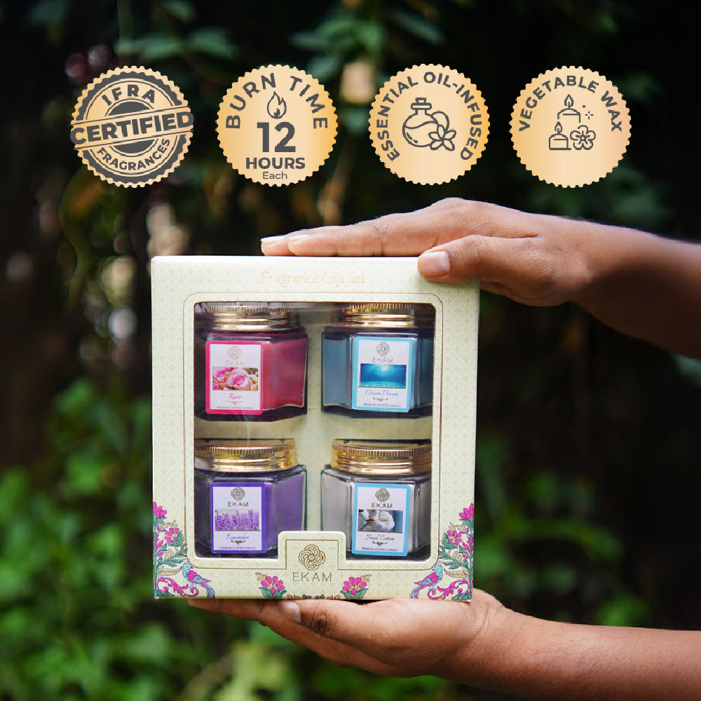 Pack of 4 Scented Hexa Jar Candles| Fresh Cotton, Ocean Dream, Lavender, and Rose| Festive Gift Box