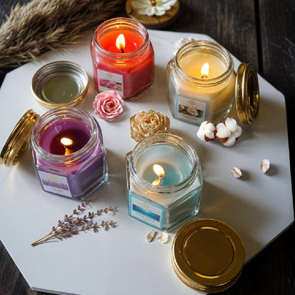 Pack of 4 Scented Hexa Jar Candles| Fresh Cotton, Ocean Dream, Lavender, and Rose| Festive Gift Box