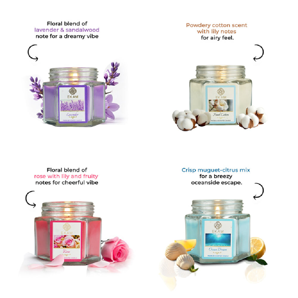 Pack of 4 Scented Hexa Jar Candles| Fresh Cotton, Ocean Dream, Lavender, and Rose| Festive Gift Box