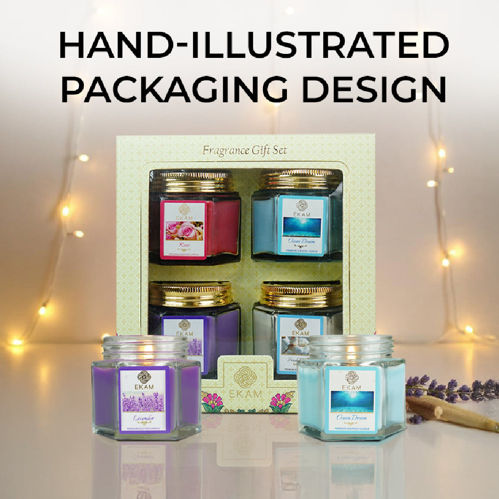 Pack of 4 Scented Hexa Jar Candles| Fresh Cotton, Ocean Dream, Lavender, and Rose| Festive Gift Box