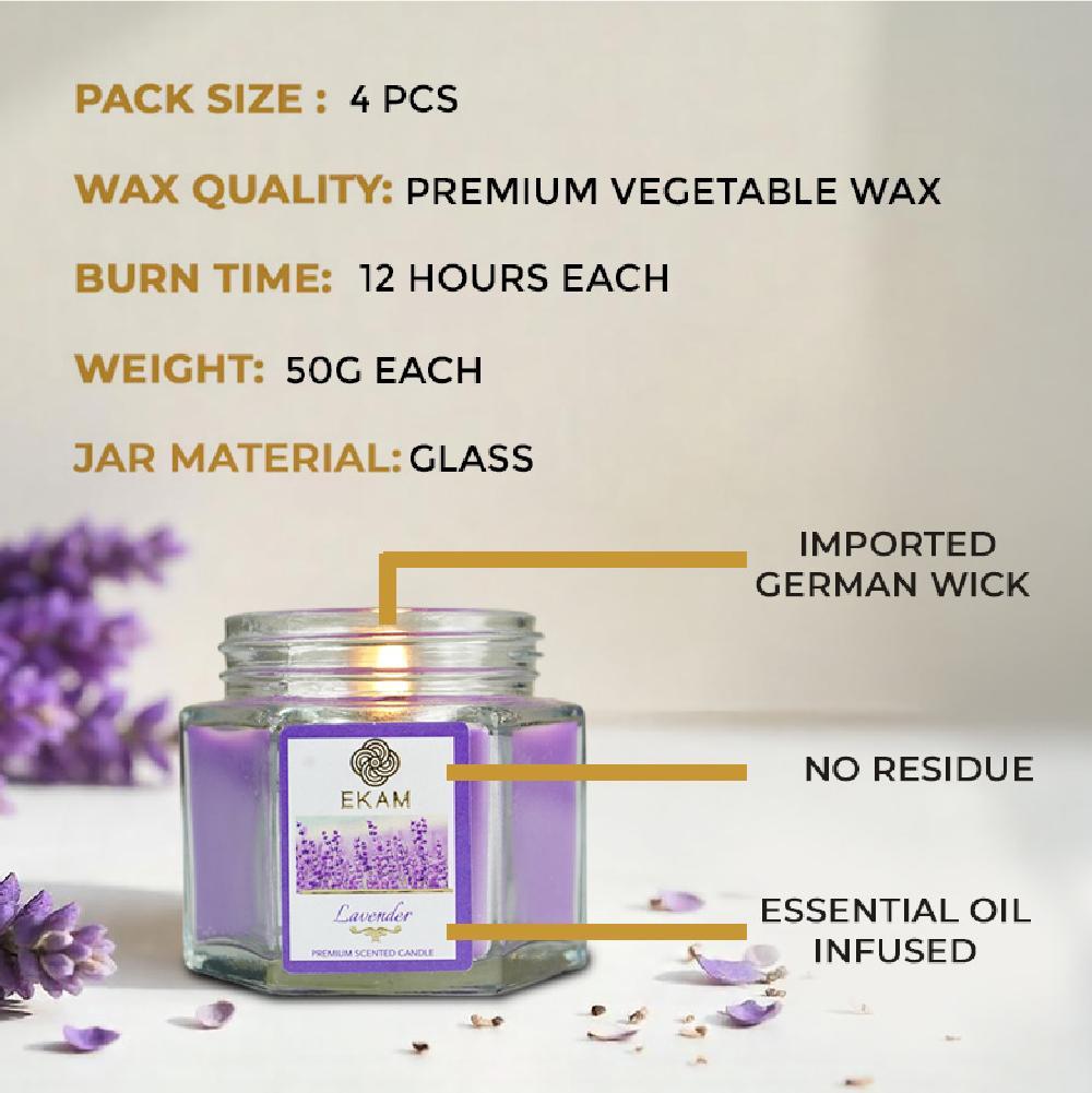 Pack of 4 Scented Hexa Jar Candles| Fresh Cotton, Ocean Dream, Lavender, and Rose| Festive Gift Box