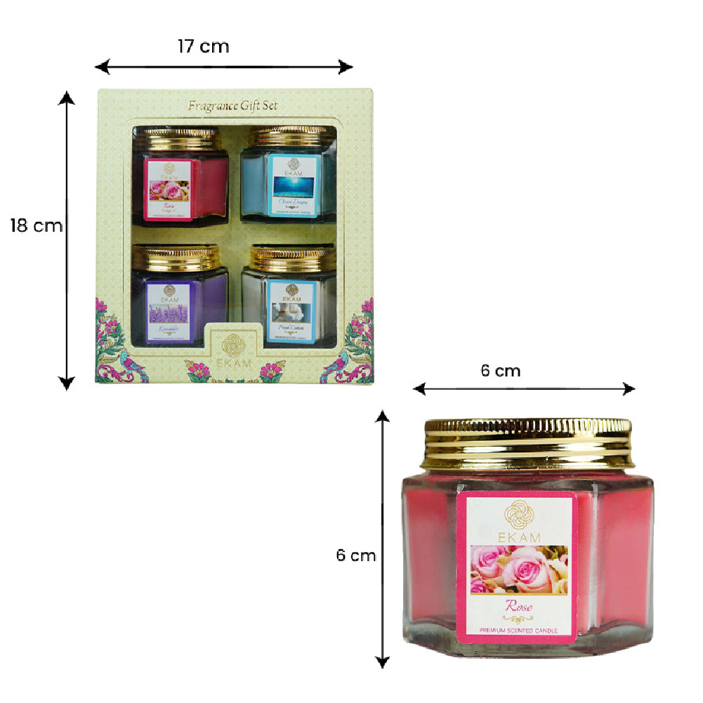 Pack of 4 Scented Hexa Jar Candles| Fresh Cotton, Ocean Dream, Lavender, and Rose| Festive Gift Box