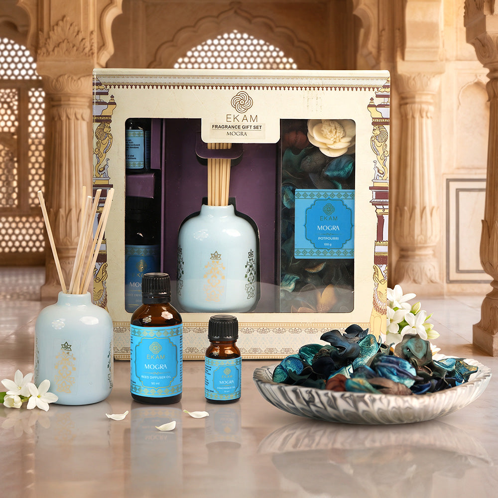 Mogra Scented Reed Diffuser &amp; Potpourri Gift Set| Festive Stone Palace Collection, 2025-26