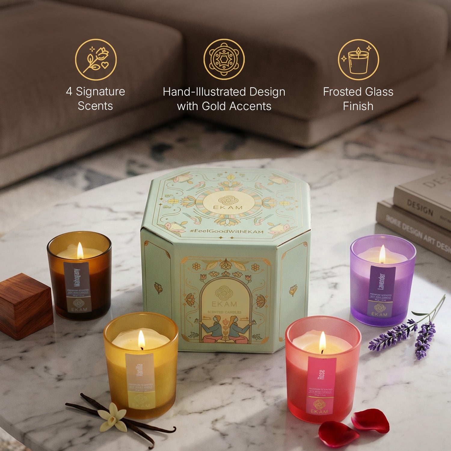 Pack of 4 Shot Glass Scented Candles – Mahogany, Lavender, Rose, Vanilla