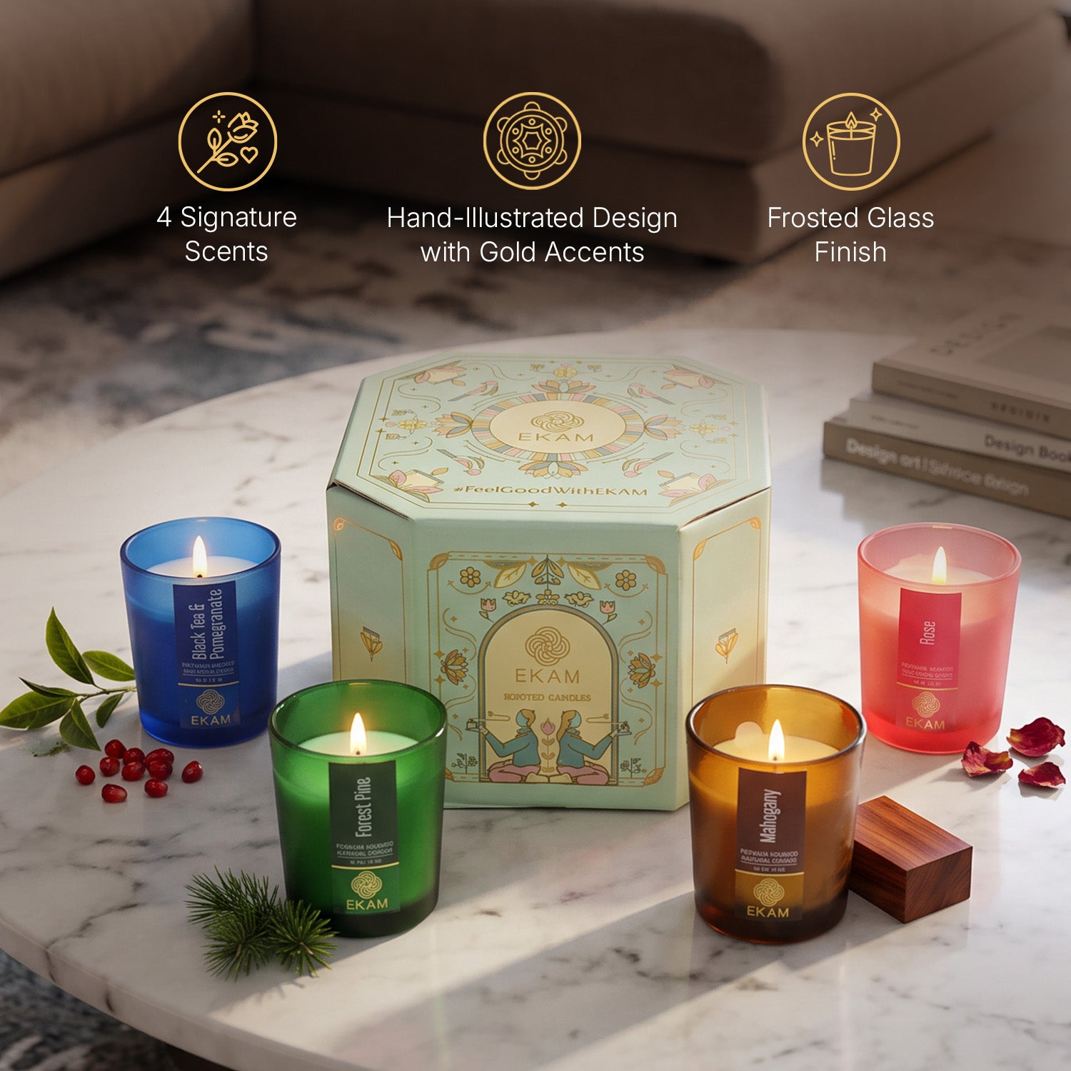 4 Pack Candles Gift Set| Black Tea &amp; Pomegranate, Sweet Pea, Forest Pine, Mahogany