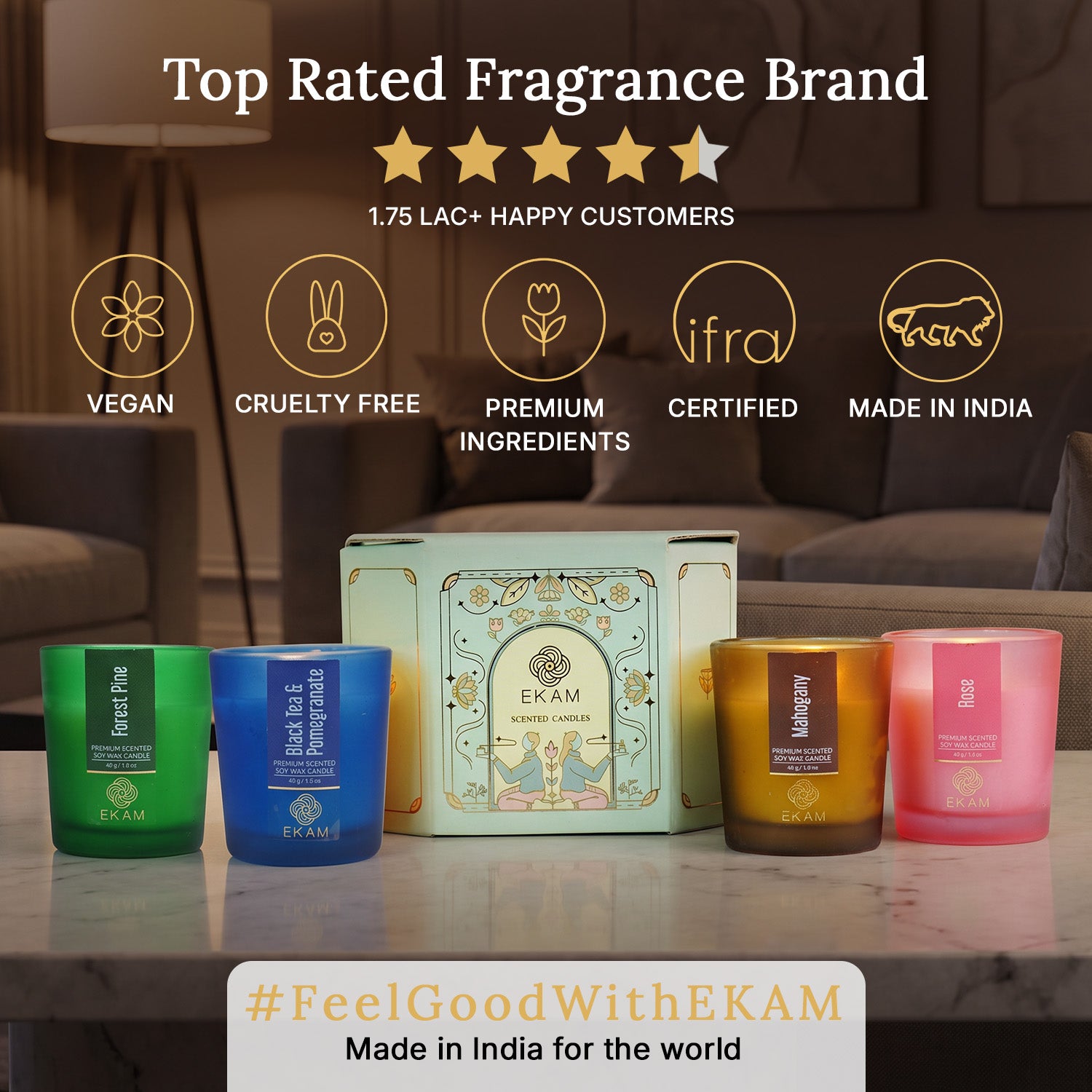 4 Pack Candles Gift Set| Black Tea &amp; Pomegranate, Sweet Pea, Forest Pine, Mahogany