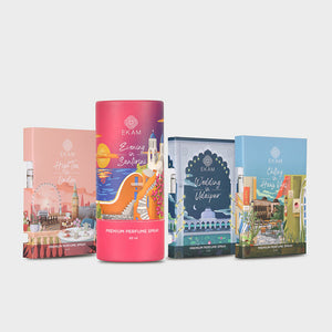 Pack of 4 Perfume Sprays-60 ml Evenings in Santorini+ 5 ml High Tea in London, 5 ml Destination Wedding in Udaipur, 5 ml Chilling in Hauz Khas