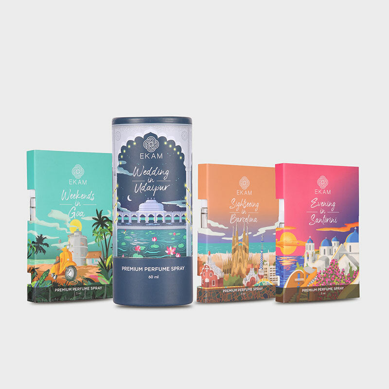 Pack of 4 Perfume Sprays-60 ml Destination Wedding in Udaipur + 5 ml Weekends in Goa, 5 ml Sightseeing in Barcelona, 5 ml Evenings in Santorini