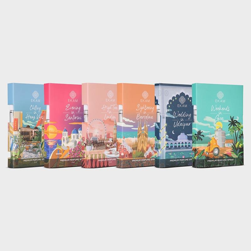 Pack of 6 Perfume Sprays-5 ml| Chilling in Hauz Khas| Destination Wedding in Udaipir| Evenings in Santorini| High Tea in London| Sightseeing in Barcelona| Weekends in Goa