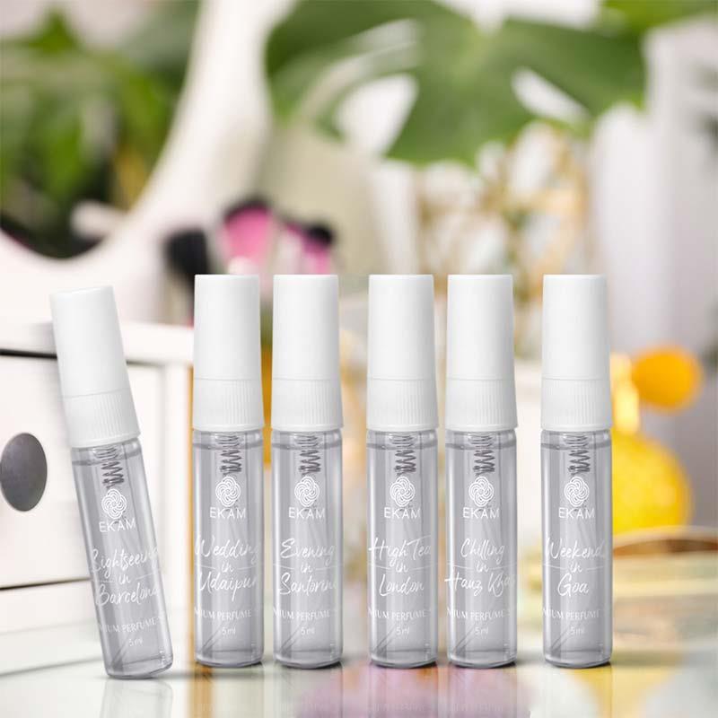 Pack of 6 Perfume Sprays-5 ml| Chilling in Hauz Khas| Destination Wedding in Udaipir| Evenings in Santorini| High Tea in London| Sightseeing in Barcelona| Weekends in Goa