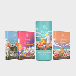 Pack of 4 Perfume Sprays-60 ml Weekends in Goa + 5 ml Chilling in Hauz Khas, 5 ml Evenings in Santorini, 5 ml Sightseeing in Barcelona