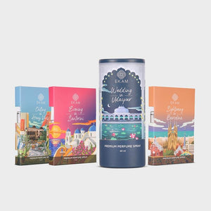 Pack of 4 Perfume Sprays-60 ml Destination Wedding in Udaipur+ 5 ml Chilling in Hauz Khas, 5 ml Evenings in Santorini, 5 ml Sightseeing in Barcelona